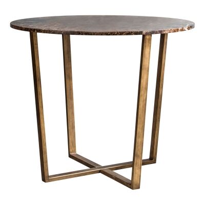 Chan Marble Top Round Dining Table, 90cm, Brown / Brass