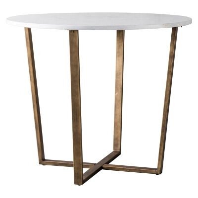 Earl Marble Top Round Dining Table, 90cm, White / Brass