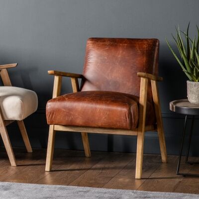 Nowa Leather & Timber Armchair, Vintage Brown