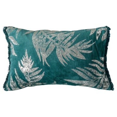 Bohann Leaves Cotton Velvet Lumbar Cushion, Teal