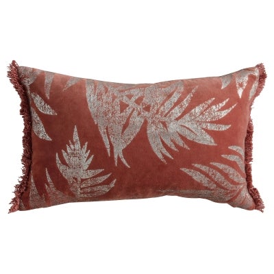 Bohann Leaves Cotton Velvet Lumbar Cushion, Terracotta
