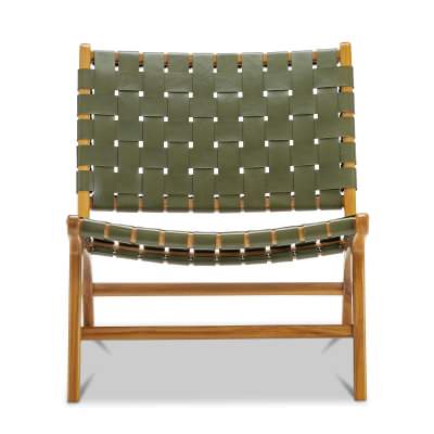 Casey Woven Leather & Teak Timber Lounge Chair, Olive / Natural