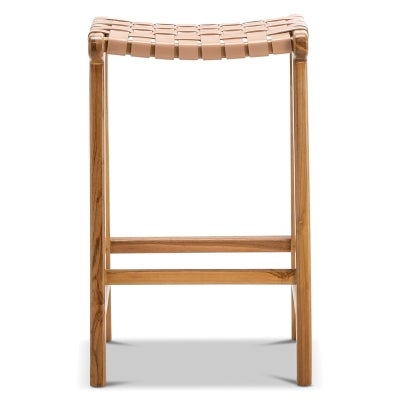 Casey Woven Leather & Teak Timber Saddle Counter Stool, Nude / Natural