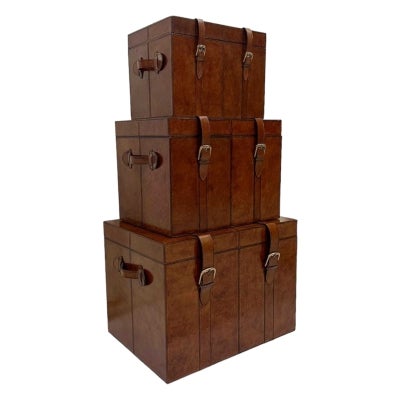 Trovic 3 Piece Leather Storage Trunk Set, Tan