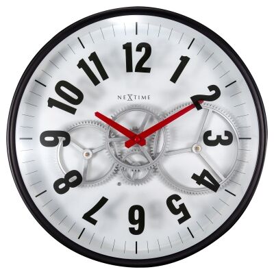 NeXtime Modern Gear Metal Round Wall Clock, 36cm, White / Black