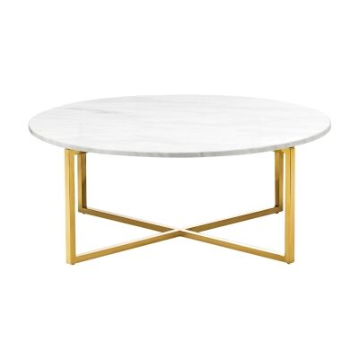 Ellie Marble & Stainless Steel Round Coffee Table, 86cm, White / Gold