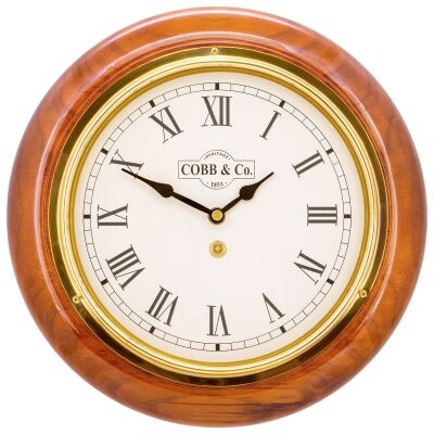 Cobb & Co. Railway Wall Clock, Roman Numerals, Small, Gloss Oak / Brass