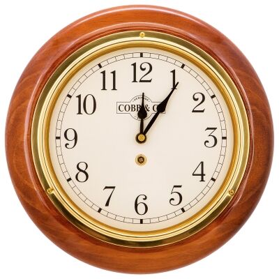 Cobb & Co. Railway Wall Clock, Arabic Numerals, Small, Gloss Oak / Brass
