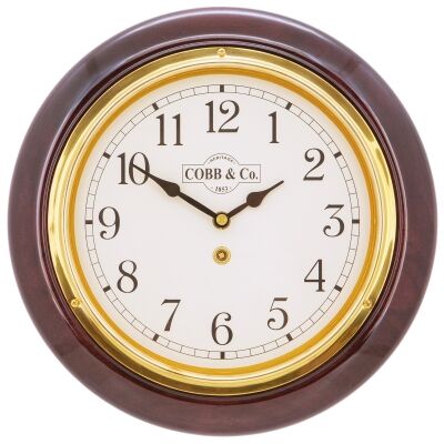 Cobb & Co. Railway Wall Clock, Arabic Numerals, Small, Gloss Mahogany / Brass