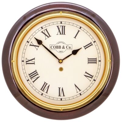 Cobb & Co. Railway Wall Clock, Roman Numerals, Medium, Gloss Mahogany / Brass
