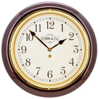 Cobb & Co. Railway Wall Clock, Arabic Numerals, Medium, Gloss Mahogany / Brass