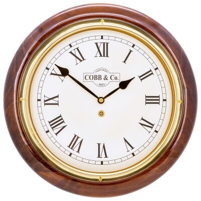Cobb & Co. Railway Wall Clock, Roman Numerals, Medium, Gloss Walnut / Brass