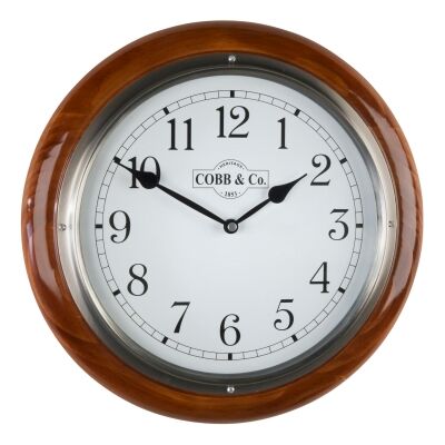Cobb & Co. Railway Wall Clock, Arabic Numerals, Medium, Gloss Oak / Chrome
