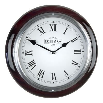 Cobb & Co. Railway Wall Clock, Roman Numerals, Medium, Gloss Mahogany / Chrome