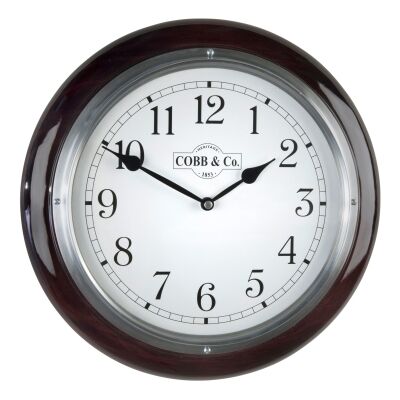 Cobb & Co. Railway Wall Clock, Arabic Numerals, Medium, Gloss Mahogany / Chrome