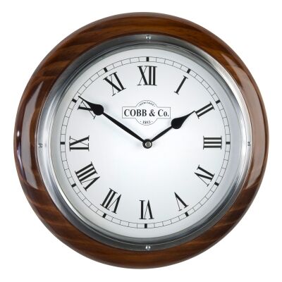Cobb & Co. Railway Wall Clock, Roman Numerals, Medium, Gloss Walnut / Chrome