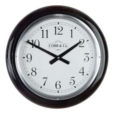Cobb & Co. Railway Wall Clock, Arabic Numerals, Large, Gloss Mahogany / Chrome