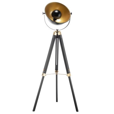 Alacctas Wooden Tripod Base Studio Spotlight Floor Lamp, Black / Gold