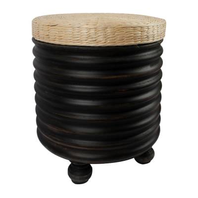 Balintore Water Hyacinth & Timber Round Dining Stool / Side Table, Distressed Black