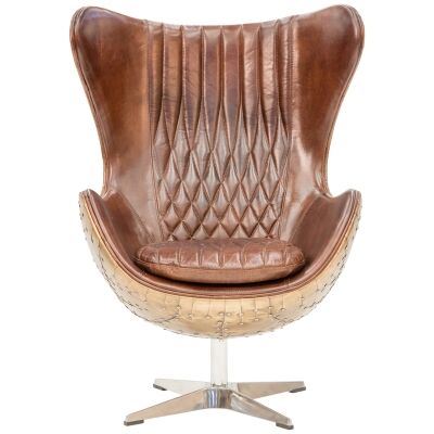 Dudley Industrial Aged Leather & Alloy Swivel Egg Chair