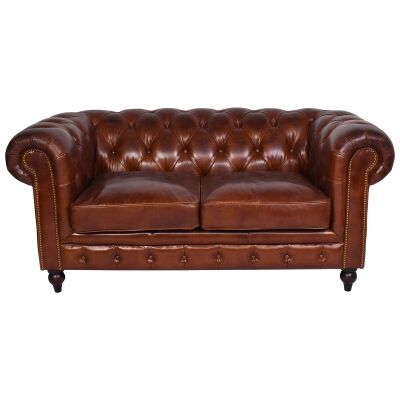 Barmston Aged Leather Chesterfield Sofa, 2 Seater, Brown