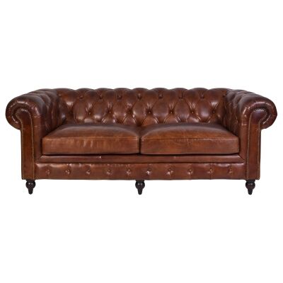 Barmston Aged Leather Chesterfield Sofa, 3 Seater, Brown