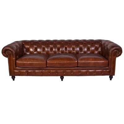 Barmston Aged Leather Chesterfield Sofa, 4 Seater, Brown