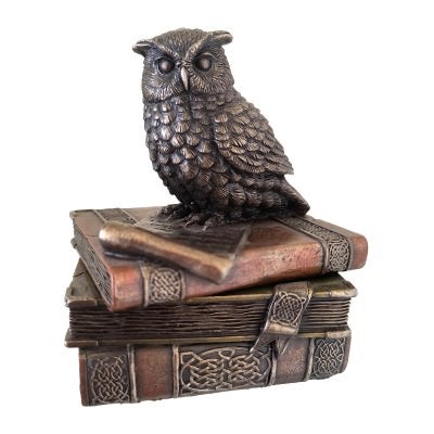 Veronese Cold Cast Bronze Coated Owl On Books Statue Trinket Box
