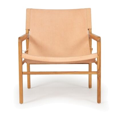 Bredbo Leather & Teak Timber Sling Armchair, Nude / Natural
