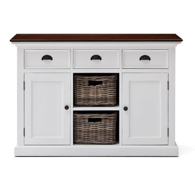 Halifax Contrast Mahogany Timber 2 Door 3 Drawer Buffet Table with 2 Rattan Baskets, 125cm, Brown / Distressed White