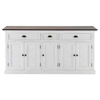 Halifax Contrast  Mahogany Timber 5 Door 3 Drawer Buffet Table, 180cm, Brown / Distressed White