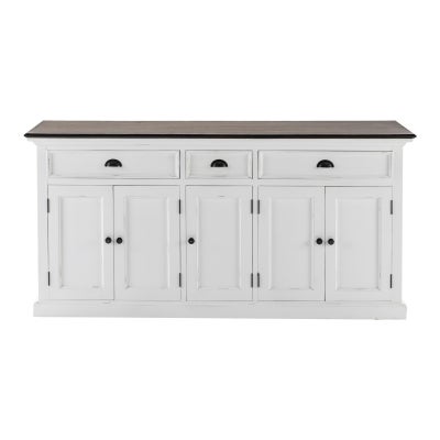 Halifax Contrast  Mahogany Timber 5 Door 3 Drawer Buffet Table, 180cm, Brown / Distressed White