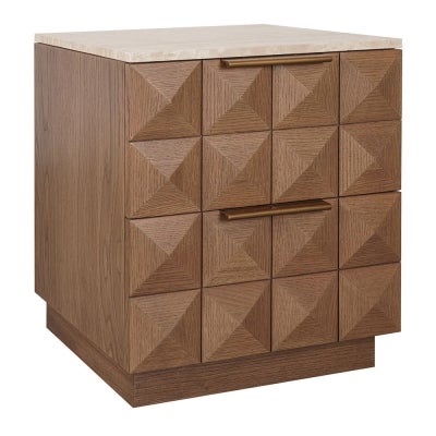 Benedict Travertine & Oak Timber Bedside Table, Sand / Walnut