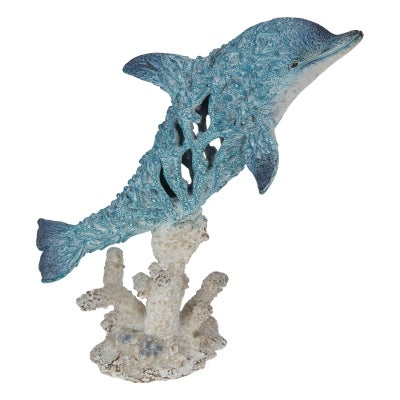 Aurelle Polyresin Coastal Figurine Ornament, Dophin with Coral, Blue / White