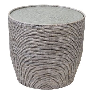 Savannah Glass Topped Rattan Round Side Table, White Wash