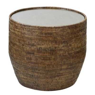 Savannah Glass Topped Rattan Round Side Table, Tobacco