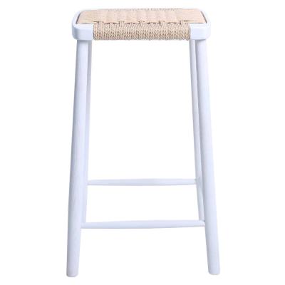 Fitzroy Woven Cord & American Oak Timber Backless Counter Stool, White / Beige
