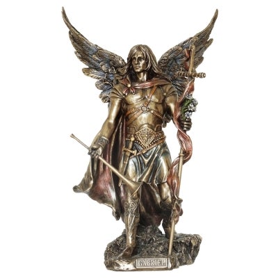 Veronese Cold Cast Bronze Coated Angel Figurine, Gabriel with Cross & Trumpet