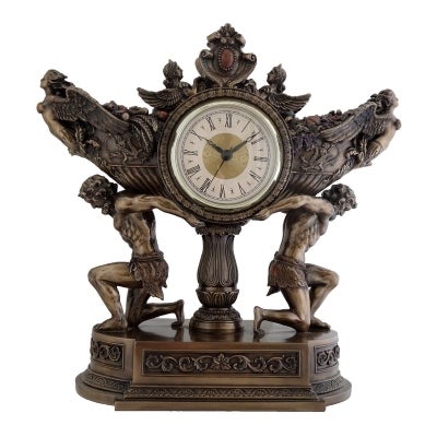 Veronese Cold Cast Bronze Coated Strong Men Carrying Vessel of Harvest Table Clock