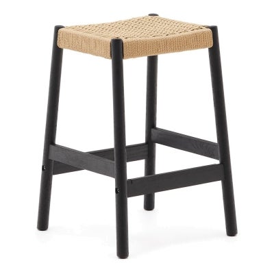 Alvane Oak Timber Backless Counter Stool with Rope Seat, Black / Beige