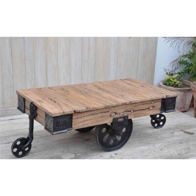 Logan Reclaimed Railway Sleeper Timber & Metal Cart Coffee Table, 120cm