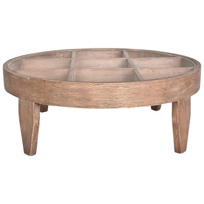 Kemville Reclaimed Elm Timber Round Coffee Table with Glass Top, 110cm