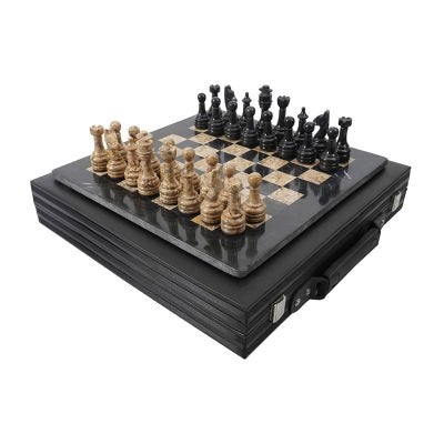 Archaia Marble Chess Set with Storage Case, 38cm, Black / Coral