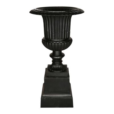 Venetian Cast Iron Fluted Garden Urn & Pedestal Set, Black