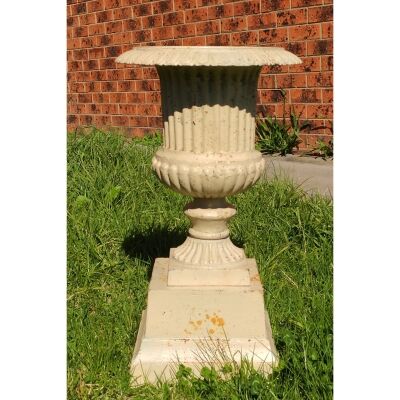 Venetian Cast Iron Fluted Garden Urn & Pedestal Set, Antique White