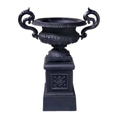 Campana Cast Iron Garden Urn & Pedestal Set, Small, Black