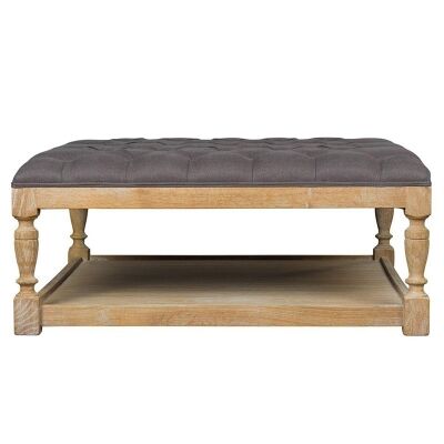 Burton Solid American Oak Timber Coffee Table / Ottoman with Tufted Linen Top, Cocoa
