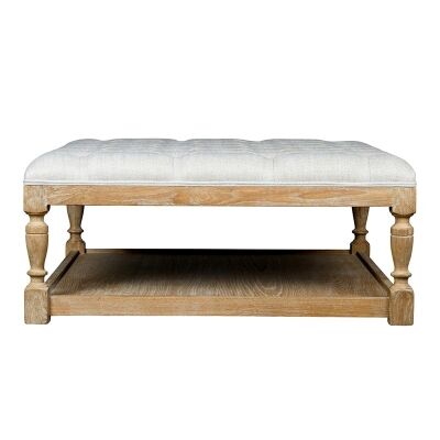Burton Solid American Oak Timber Coffee Table / Ottoman with Tufted Linen Top, 100cm, Beige