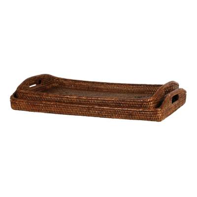 Paume Handcrafted Rattan 2 Piece Rectangle Tray Set, Antique Brown