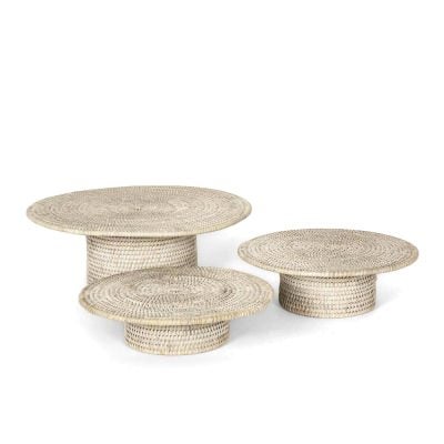 Paume 3 Piece Handcrafted Rattan Footed Stand Set, White Wash